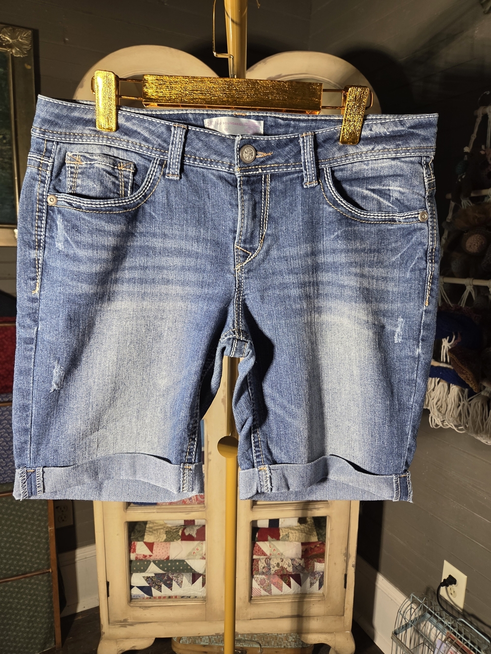 No Boundaries Rolled Hem Distressed Denim Shorts in Blue
